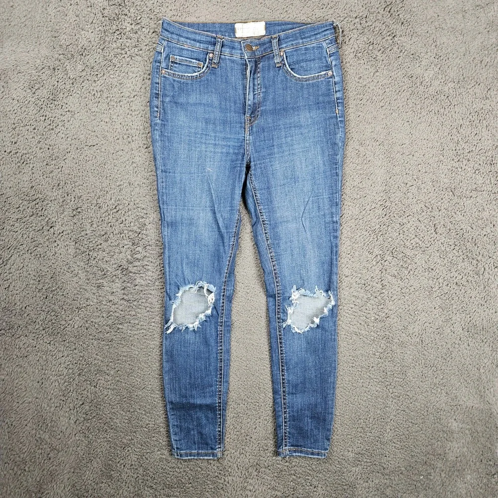 Free People Distressed High Rise Skinny Jeans Blue Ripped Knee 28R